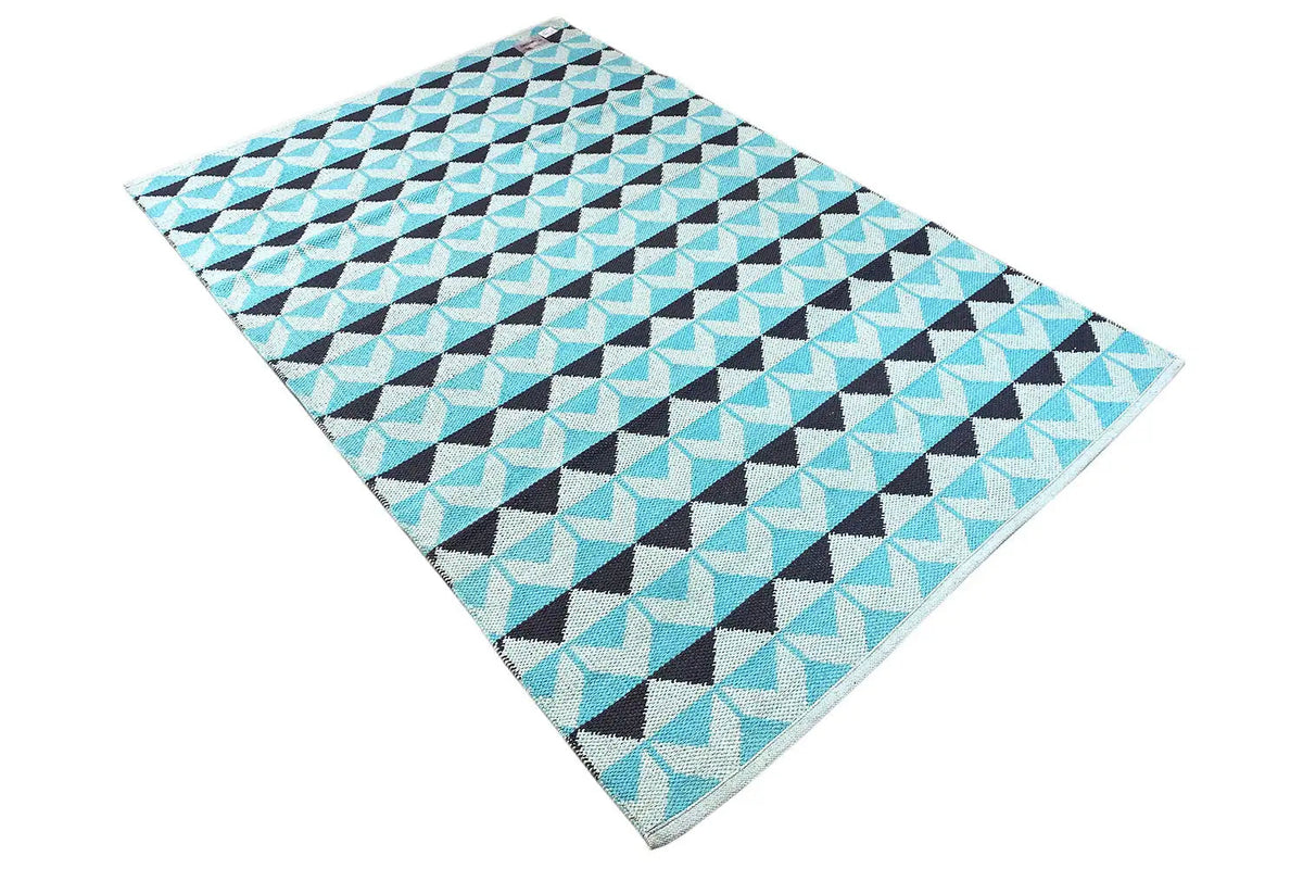 Modern kilim rug with zigzag and triangle motifs in blue, rectangular