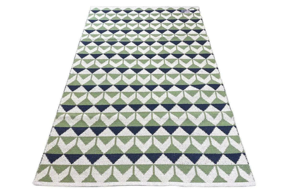 Flat Kelim rug with a dense zigzag and diamond pattern, green/blue/white