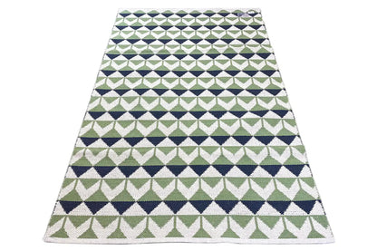 Flat Kelim rug with a dense zigzag and diamond pattern, green/blue/white