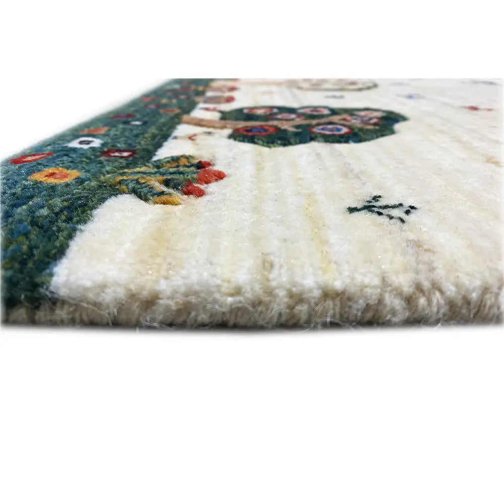 Gabbeh rug close-up of the rug edge with short pile and colorful motifs