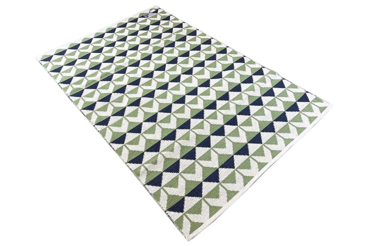 Square kilim rug with diagonal triangular and diamond patterns in green and blue