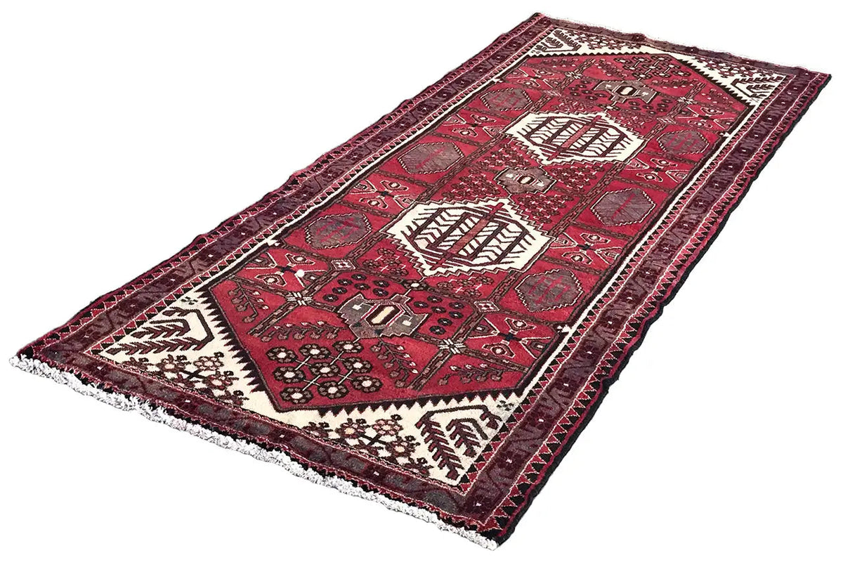 Hamadan runner 294x115 cm with a red pattern and white accents, wide border edge