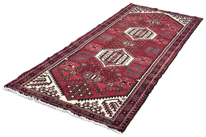 Hamadan runner 294x115 cm with a red pattern and white accents, wide border edge
