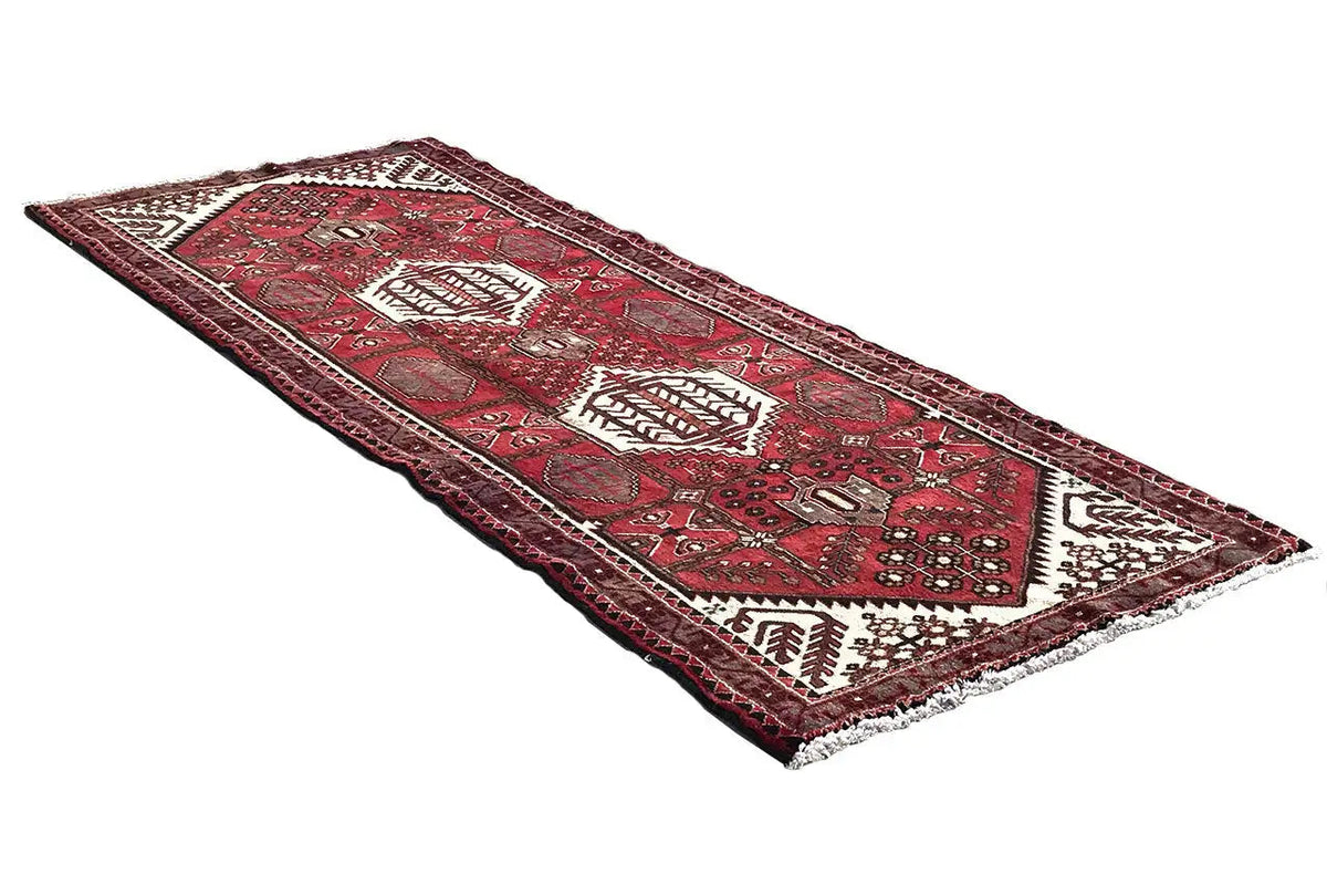 Hamadan runner 294x115 cm, red Oriental pattern with white and black decorative elements