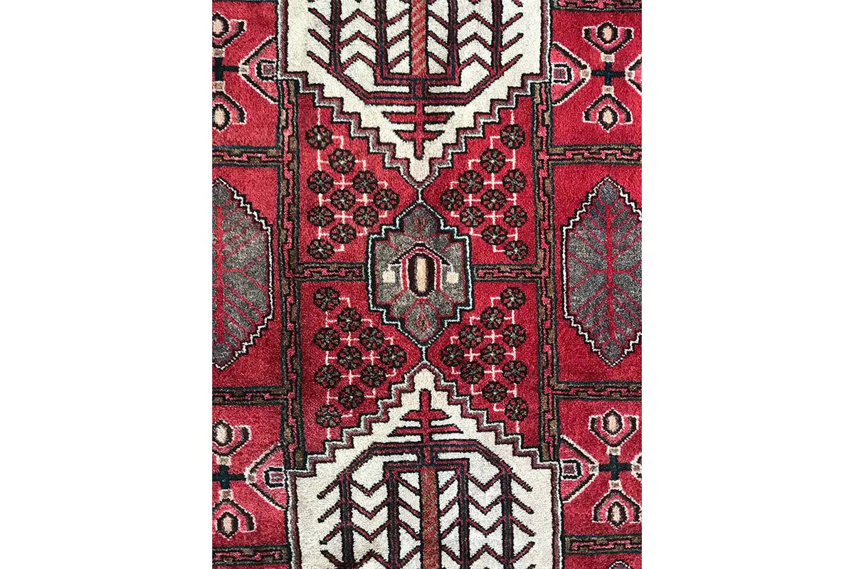 Close-up of the Hamadan runner: red field with a symmetrical pattern and white borders