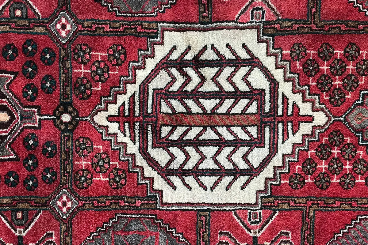 Hamadan runner close-up: red pattern with a central white medallion and dark vines