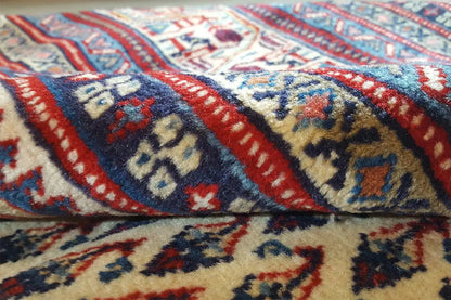 Carpet pattern: red borders, blue field, and beige ornaments