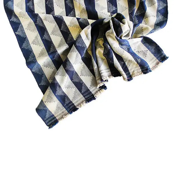Jajim rug edge detail with fringes, blue-beige zigzag stripes