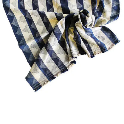 Jajim rug edge detail with fringes, blue-beige zigzag stripes