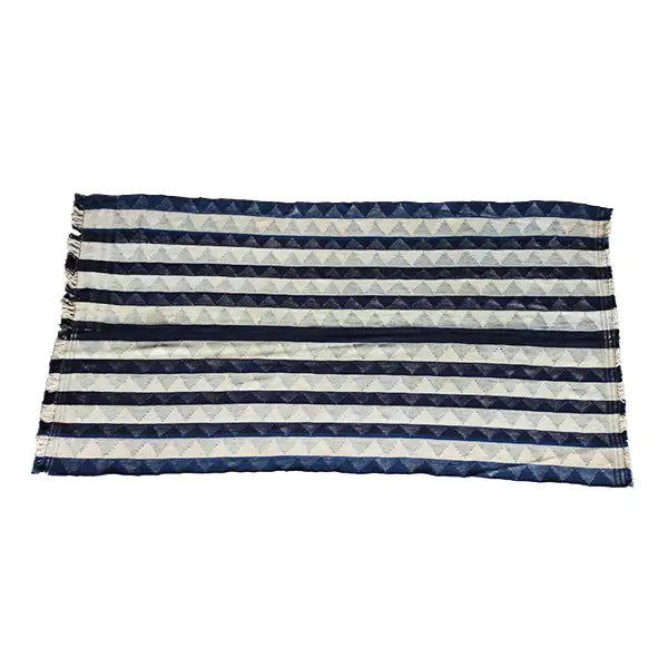 Rectangular jajim rug, horizontal blue-beige stripes, fringes along the edge