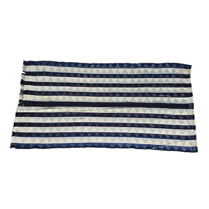 Rectangular jajim rug, horizontal blue-beige stripes, fringes along the edge