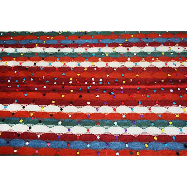 Jajim rug weave with stepped bands of red, blue, green, and beige