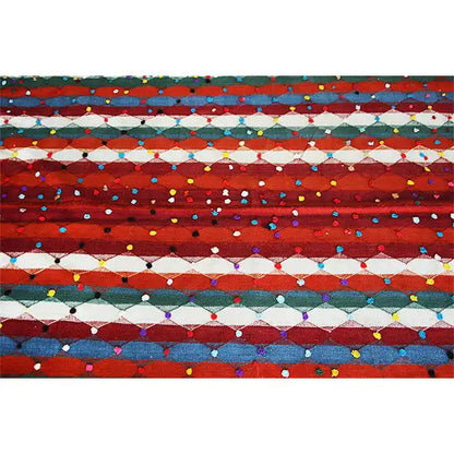 Jajim rug weave with stepped bands of red, blue, green, and beige