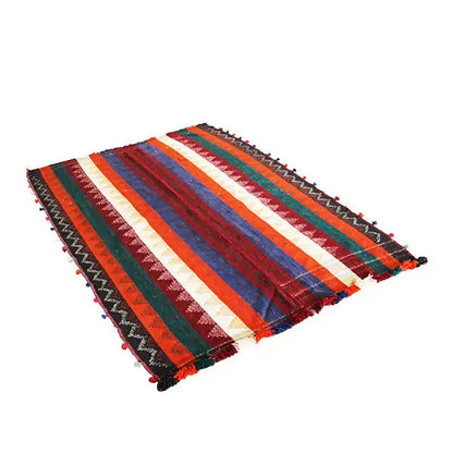 Jajim rug with a colorful striped design and fringes on both sides
