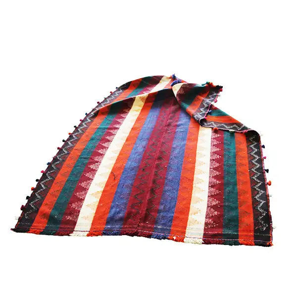 Jajim rug with a striped design and fringes, with a folded-looking front side