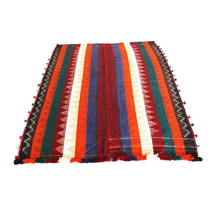 Jajim rug with broad colorful stripes and decorative fringes on all sides