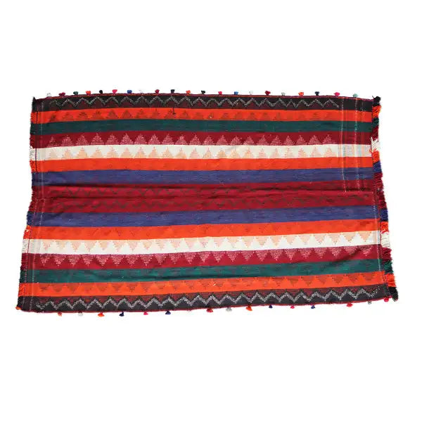 Jajim rug with horizontal stripes in red, blue, green, and a white pattern