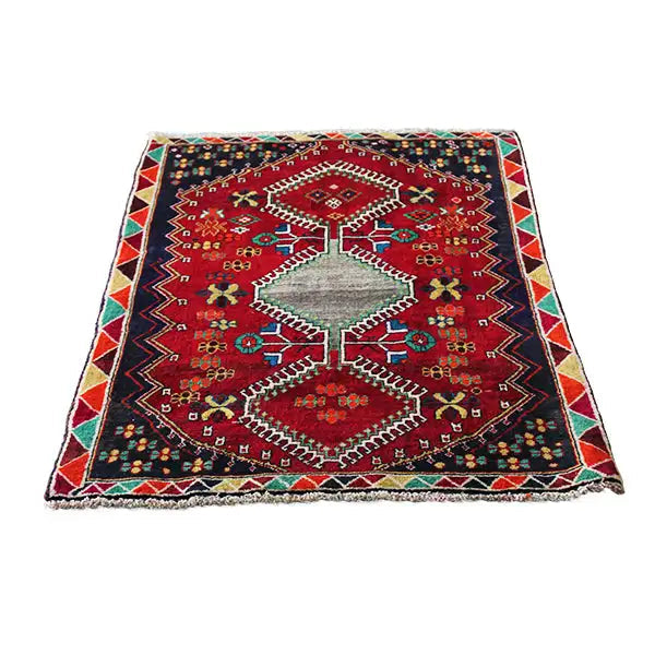 Rectangular rug with a red central medallion, geometric ornaments, and decorative border