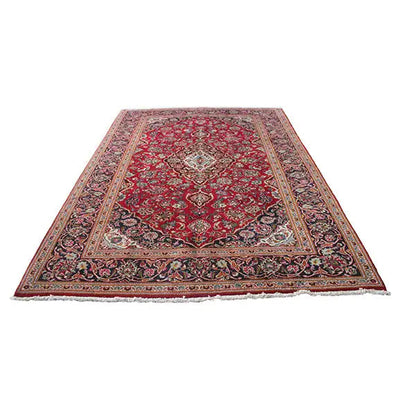 Dark red rug with a central medallion, wide border, and fine ornamental lines