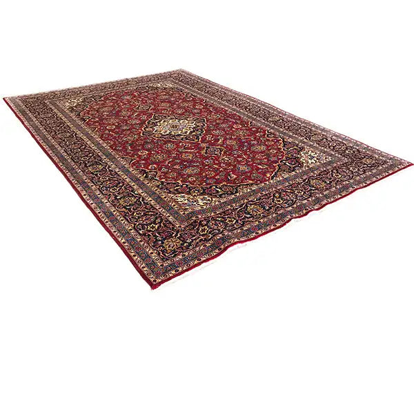 Burgundy carpet with medallion and ornamental border, large floral patterns