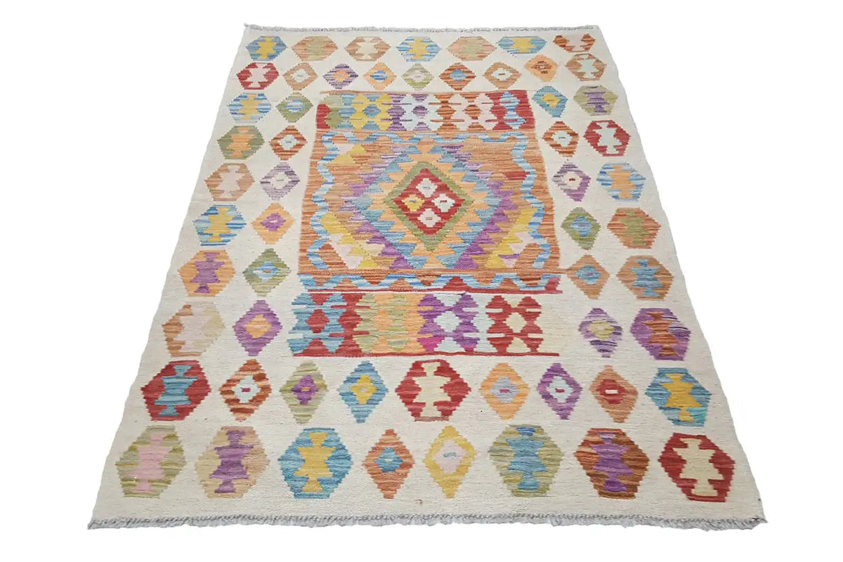 Afghan kilim rug with colorful diamond and square patterns, light beige