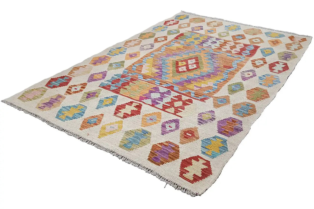 Afghan kilim rug, diagonal view, multicolored ornaments and diamonds