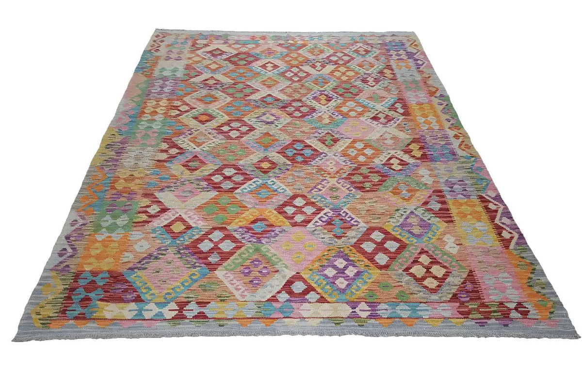 Afghan kilim with a geometric patchwork pattern, colorful, rectangular