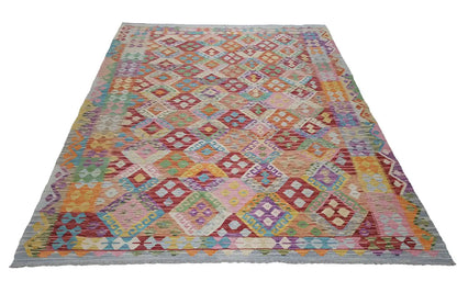 Afghan kilim with a geometric patchwork pattern, colorful, rectangular