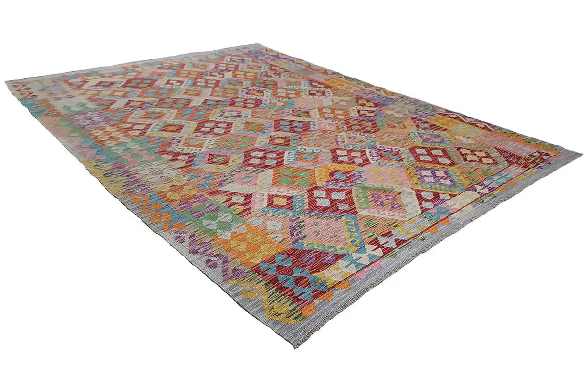 Rectangular Afghan kilim with a colorful diamond pattern and border
