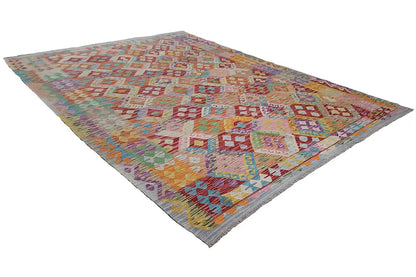 Rectangular Afghan kilim with a colorful diamond pattern and border