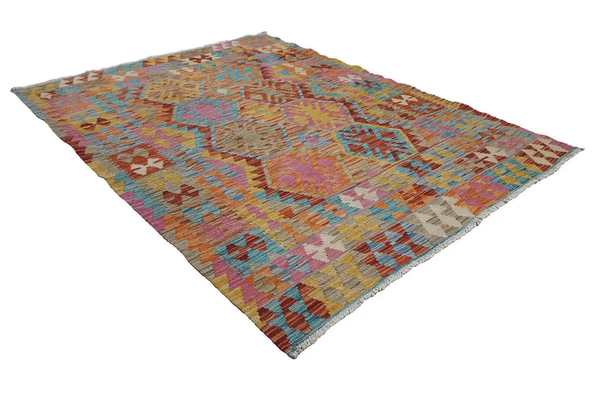 Kilim rug with a geometric pattern, detail at the corner, multicolored