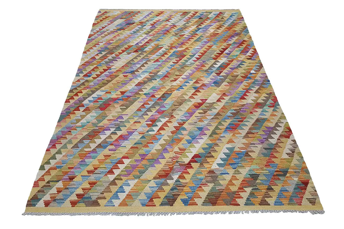 Afghan kilim (198x131 cm) with a multicolored diamond and triangle pattern