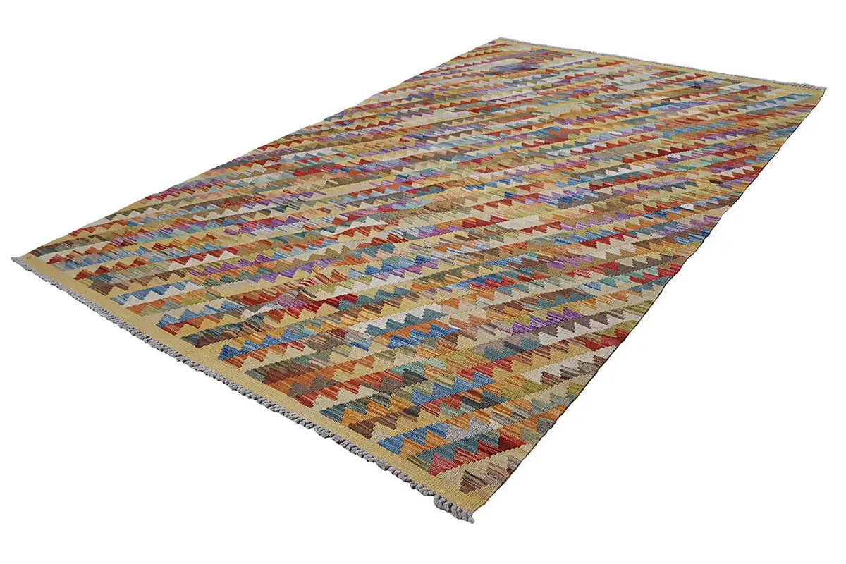 Afghan kilim (198x131 cm) with a multicolored diagonal stripe and diamond pattern
