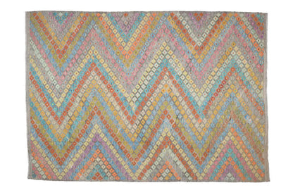 Afghan kilim with multicolored zigzag/diamond patterns, rectangular and hemmed