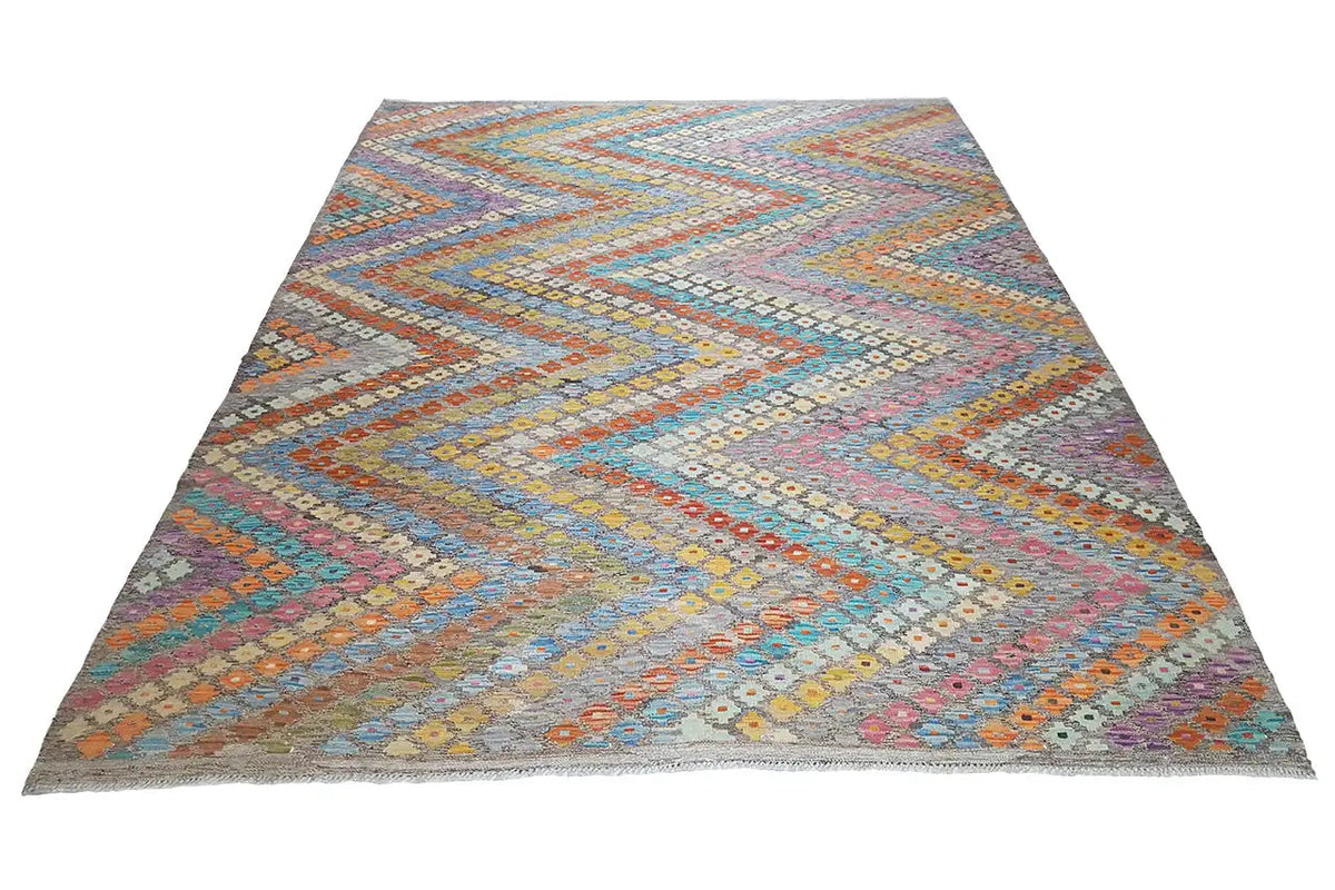 Rectangular Afghan kilim, diagonal patterns and shades of blue, orange, and gray
