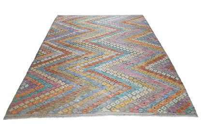Rectangular Afghan kilim, diagonal patterns and shades of blue, orange, and gray