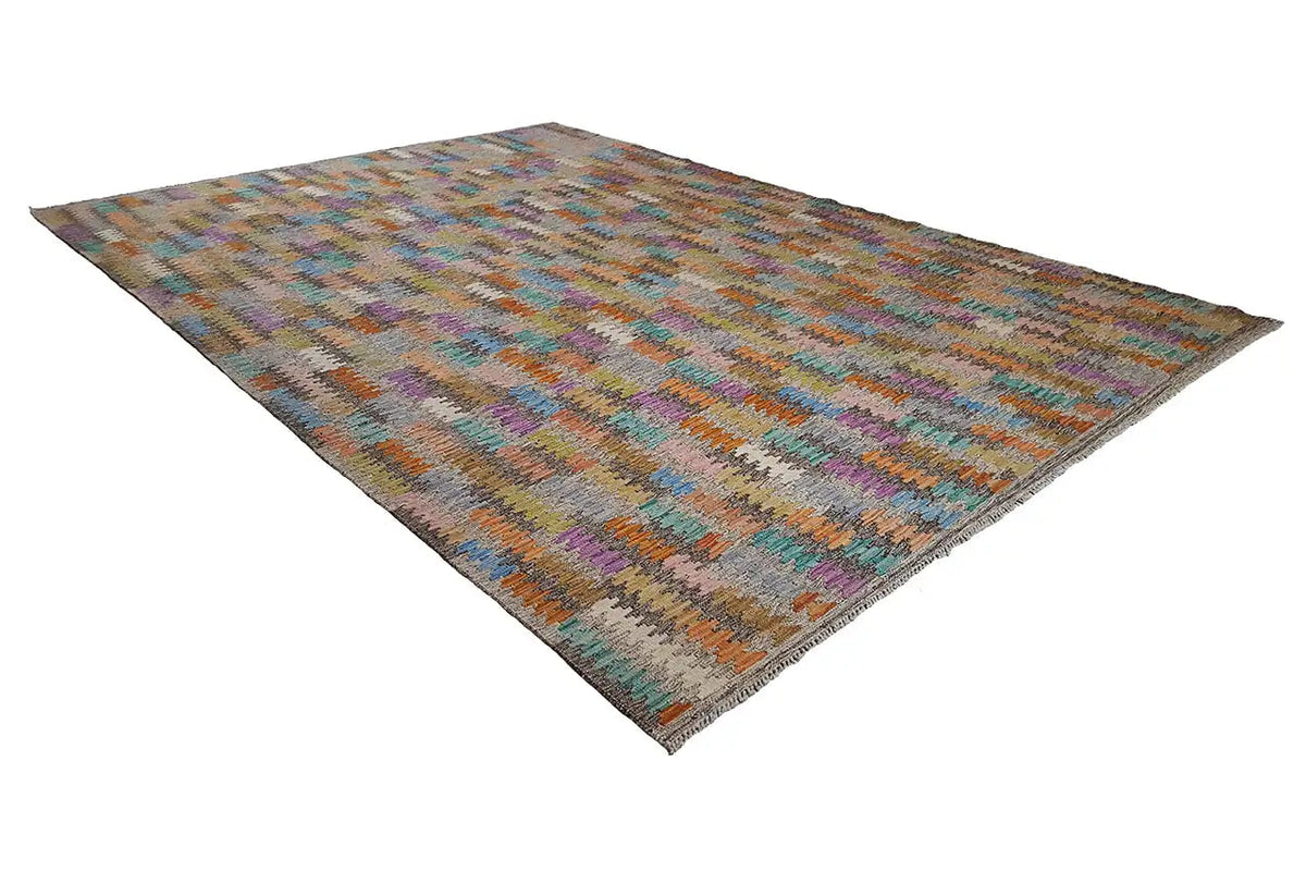 Kilim rug in diagonal view, colorful line and pattern relief