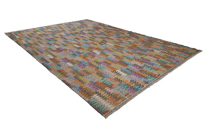 Kilim rug in diagonal view, colorful line and pattern relief