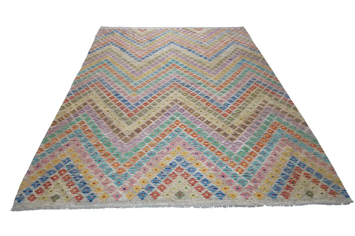 Afghan kilim 298x210 cm with pastel zigzags and multicolored areas