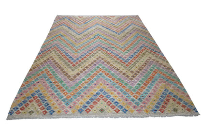 Afghan kilim 298x210 cm with pastel zigzags and multicolored areas
