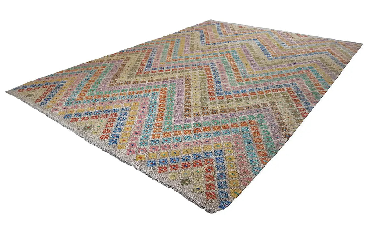 Afghan kilim 298x210 cm, diagonal view, light chevron zigzag in pastel hues