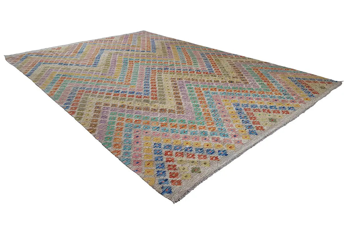 Afghan kilim 298x210 cm, triangular perspective, multicolored chevron pattern