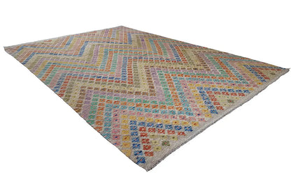 Afghan kilim 298x210 cm, triangular perspective, multicolored chevron pattern