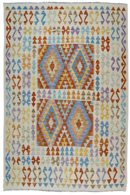 Afghan kilim rug with a geometric pattern and multicolored diamonds, rectangular.