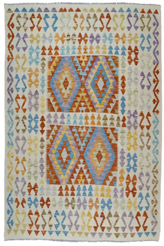 Afghan kilim rug with a geometric pattern and multicolored diamonds, rectangular.