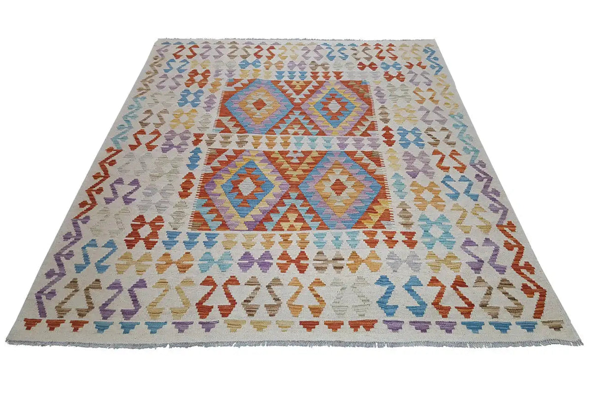 Rectangular kilim rug with geometric patterns, multicolored on a light background.