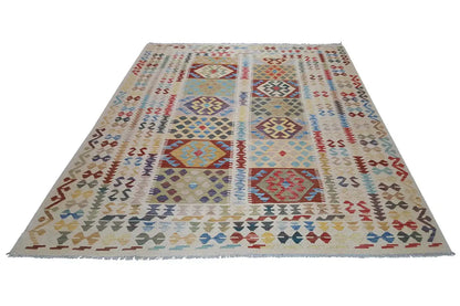 Afghan kilim rug with a geometric pattern, rectangular, multicolored