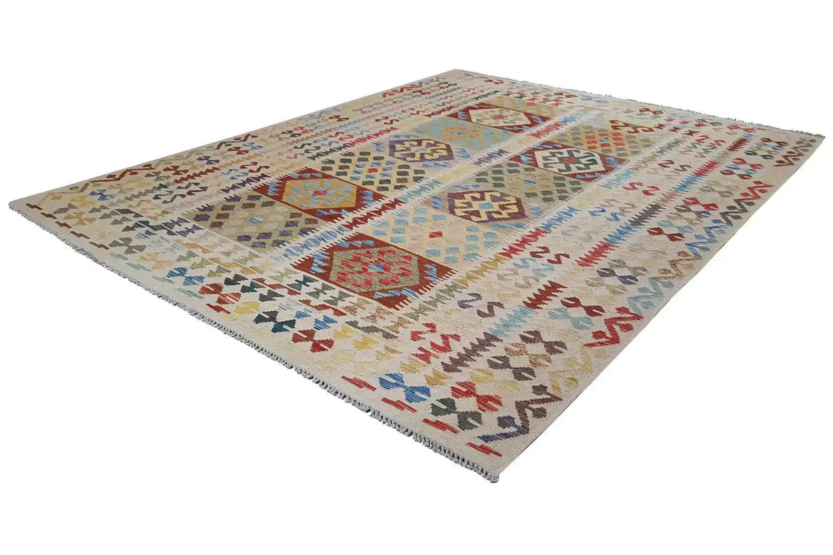 Afghan kilim rug, diagonal view, geometric patterns in several colors