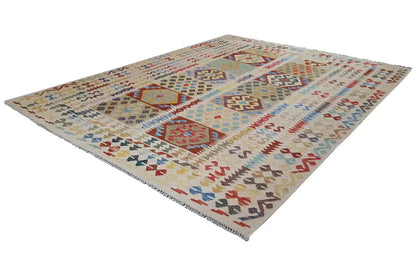 Afghan kilim rug, diagonal view, geometric patterns in several colors