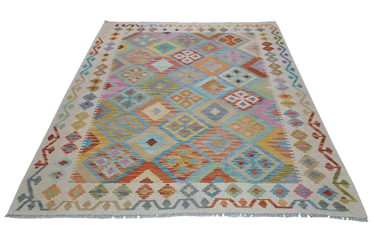 Kelim Afghan rug 203×153 cm, light beige with turquoise and orange patterns
